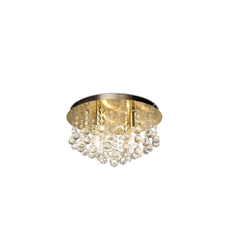 Acton 4 Light E14 Round Flush Ceiling Light, 38cm antique brass frame with clustered clear crystal spheres cascading beneath, shown on a plain white background.