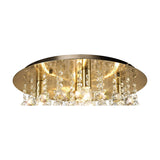 Acton 5 Light E14 Round Flush Ceiling Light 46cm in Antique Brass, showing clear crystal spheres draped from a brass ceiling plate against a plain white background.
