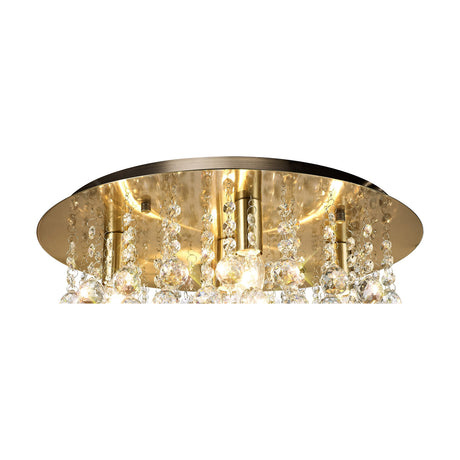 Acton 5 Light E14 Round Flush Ceiling Light 46cm in Antique Brass, showing clear crystal spheres draped from a brass ceiling plate against a plain white background.
