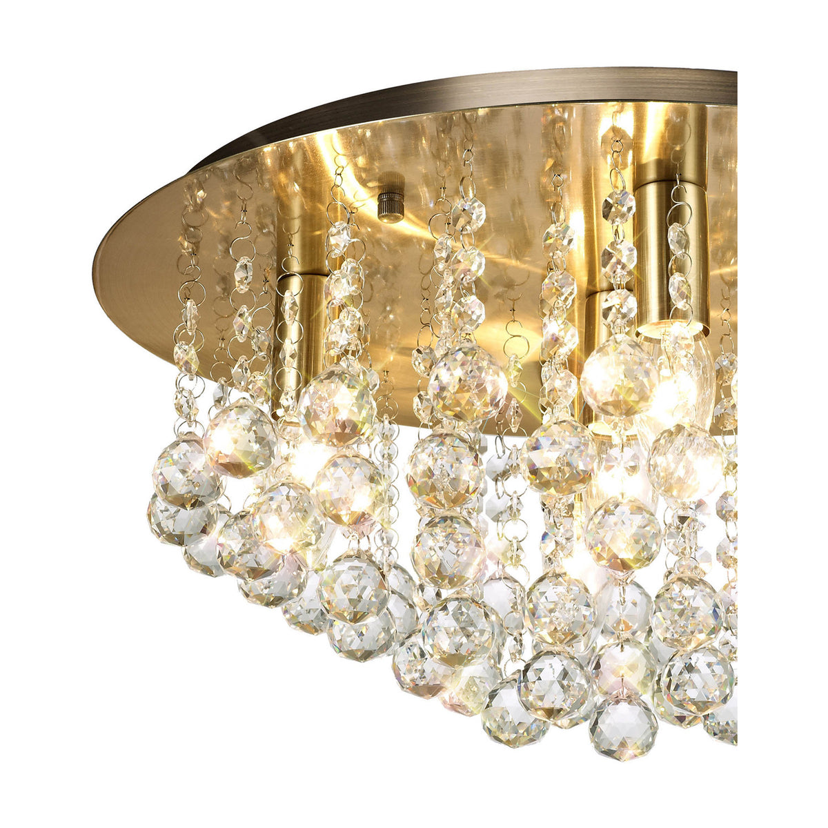 Close-up of the Acton 5 Light E14 Round Flush Ceiling Light 46cm in antique brass, showing clear crystal spheres cascading from a brass ceiling plate on a white background.