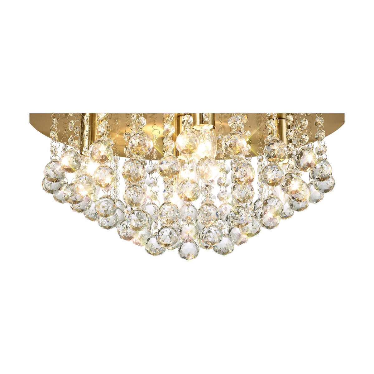 Acton 5 Light E14 Round Flush Ceiling Light, 46cm antique brass frame with cascading clear crystal spheres, lit bulbs visible, shown on a plain white background.