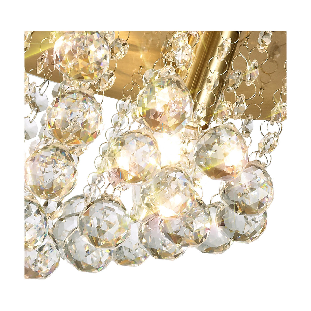Close-up of the Acton 5 Light E14 Round Flush Ceiling Light, 46cm, showing clear faceted crystal spheres against an antique brass frame with illuminated bulbs.