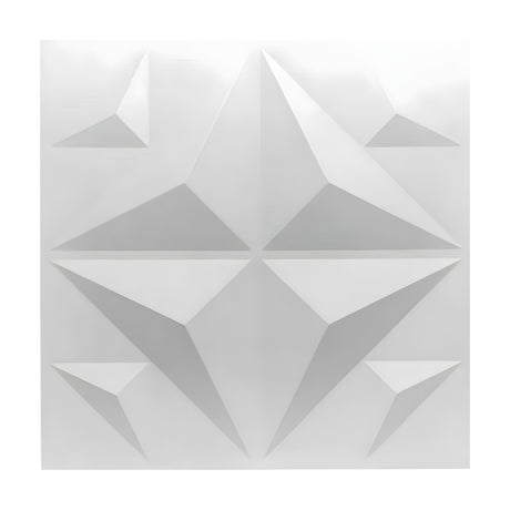White 3D PVC wall panel, 50 x 50cm, with a raised four-pointed star of flat triangular facets meeting at a central cross and small faceted corner triangles, shown on a plain white background.