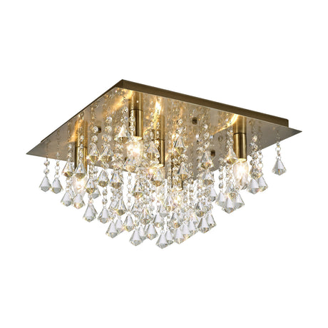 Acton 5 Light E14 flush ceiling light, 46cm square antique brass frame with cascading crystal drops, shown on a plain white background.
