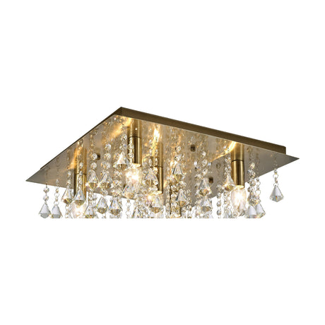 Acton 5 Light E14 flush ceiling light in antique brass, 46cm square frame with cascading crystal drops, shown lit against a plain white background.