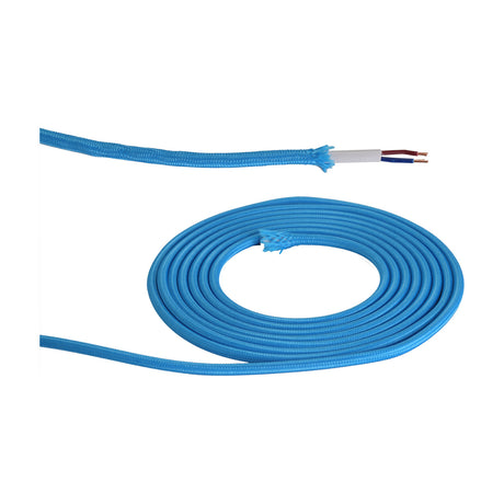 Cavo Cable 6mm fabric-braided lighting flex in blue, shown coiled and as a straight length with stripped ends revealing twin copper cores, on a white background.