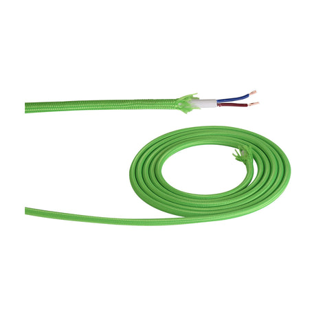 Cavo Cable 6mm Dia 1m Drop in lime green fabric-braided flex, coiled with one end stripped to show twin copper wires, on a white background.