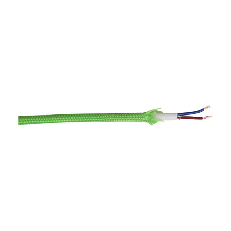 Cavo Cable lighting flex in lime green fabric braid over 6mm round two-core PVC cord, stripped end showing blue and brown wires, on a white background.