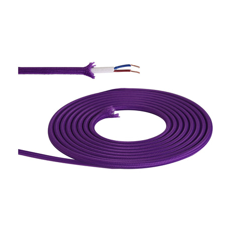Cavo Cable 6mm fabric-braided flex in purple, shown coiled with a stripped end revealing white inner sleeve and blue and brown copper wires, on a white background.