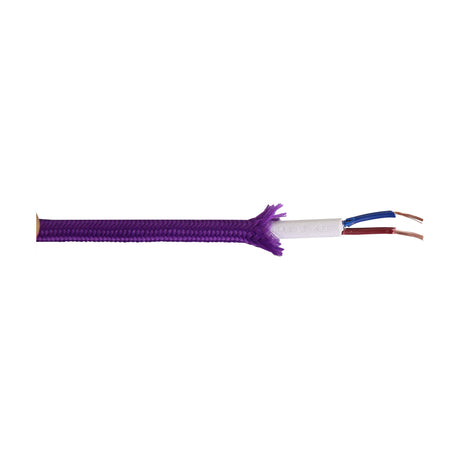 Cavo Cable 6mm fabric-braided flex in muted purple, frayed end revealing white inner sheath and two exposed copper wires with blue and red insulation, shown on a white background.