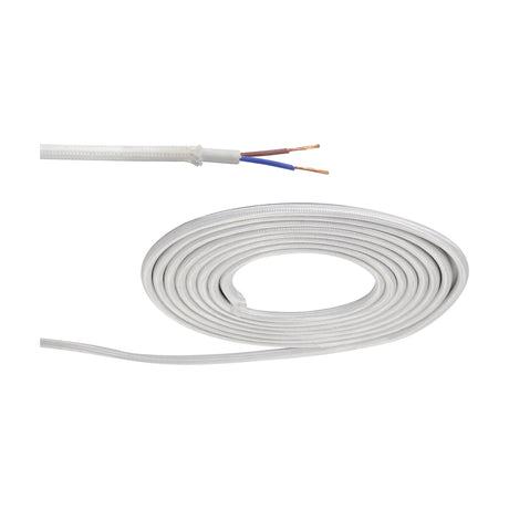 Cavo Braided Copper Cable 2 Core 0.75mm in White, shown coiled with a stripped end revealing brown and blue conductors, on a plain white background.