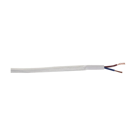 Cavo Braided Copper Cable 2 Core 0.75mm in white, showing the fabric-braided flex with stripped ends revealing brown and blue copper wires, on a plain white background.