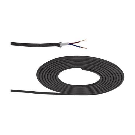 Cavo Braided Copper Cable, black fabric-covered 2 core 0.75mm flex, shown coiled and with a stripped end revealing brown and blue copper wires, on a white background.