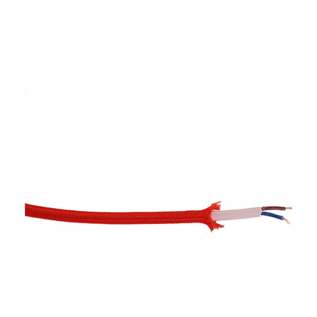 Cavo Cable 6mm Dia braided flex in red, showing the fabric-covered sleeve stripped back to reveal twin core wires with brown and blue conductors, on a plain white background.