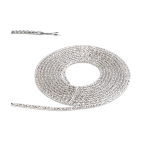 Cavo Twisted Cable 6mm Dia 1m Drop in Clear, a braided twin-core flex coiled on a plain white background, with an inset close-up showing the twisted conductor ends.