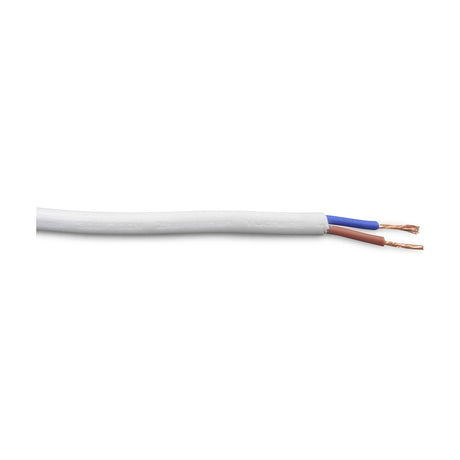 Cavo Copper Cable 2 Core 0.75mm in white, round PVC flex with stripped end showing blue and brown copper wire cores, shown on a plain white background.