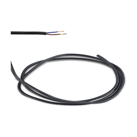 Cavo Copper Cable 2 Core 0.75mm in black, coiled PVC-sheathed flex with a stripped end showing blue and brown cores, shown on a plain white background.