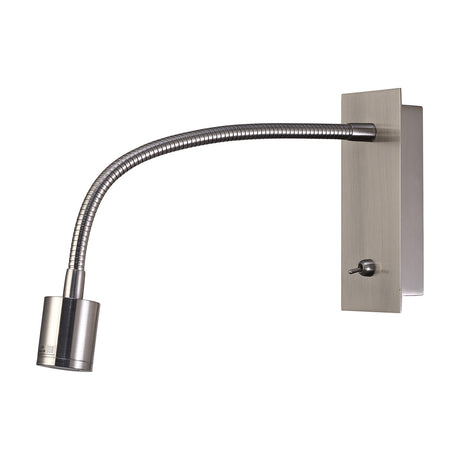 Winslow Wall Light in satin nickel, featuring a cylindrical LED head on a flexible gooseneck arm, rectangular wall plate with toggle switch, shown on a plain white background.