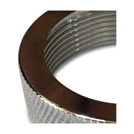 Close-up of the Dreifa Lampholder 50mm shade ring in polished chrome, showing threaded aluminium interior and knurled outer edge on a white background.