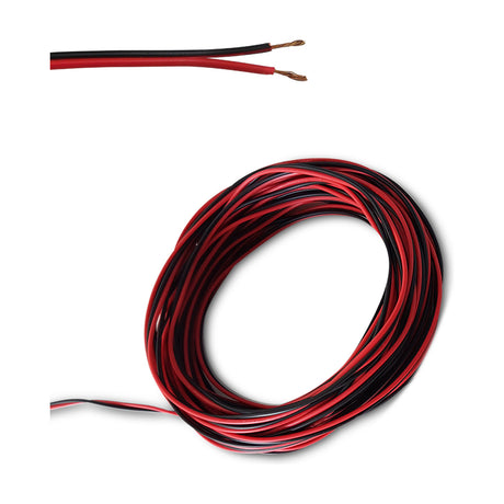 Cavo 6mm flat twin figure-of-eight cable in black and red PVC with exposed copper conductor ends, shown cut and coiled on a plain white background.
