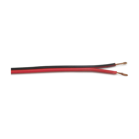 Cavo Cable 6mm Dia flat twin lighting cable with black and red PVC-sleeved conductors, exposed bare copper strands at each end, shown against a plain white background.