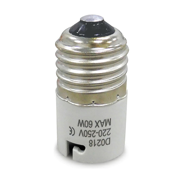 Elements B22 plug adaptor in white, a small cylindrical E27 to B22 lampholder converter, 27mm wide with silver screw thread, shown on a plain white background.