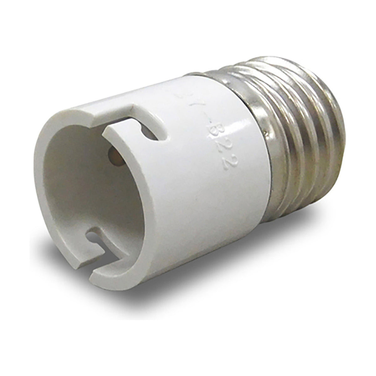 Elements E27 to B22 lamp socket adaptor in white, showing the threaded metal screw cap on one end and the bayonet fitting slots on the other, set against a plain white background.