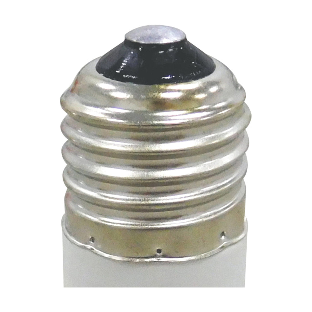 Close-up of the Elements B22 plug adaptor's E27 screw thread top with black bayonet socket insert, white cylindrical body, on a plain white background.