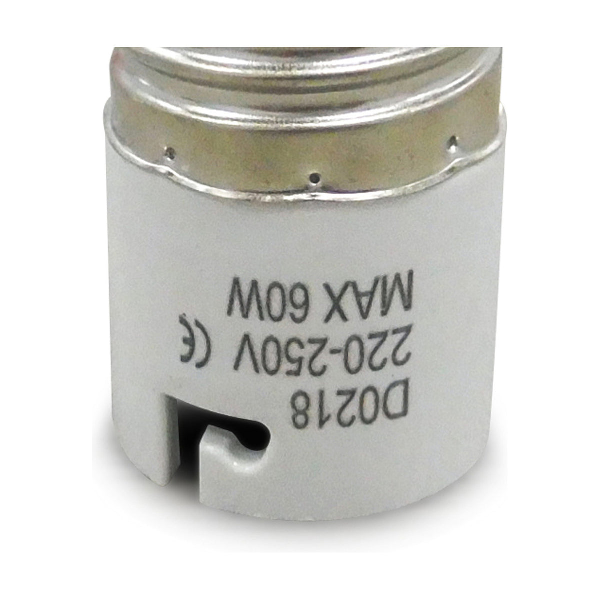Close-up of the Elements B22 Plug Adaptor, a white cylindrical E27 to B22 lampholder converter marked D0218, 220-250V, max 60W, on a plain background.