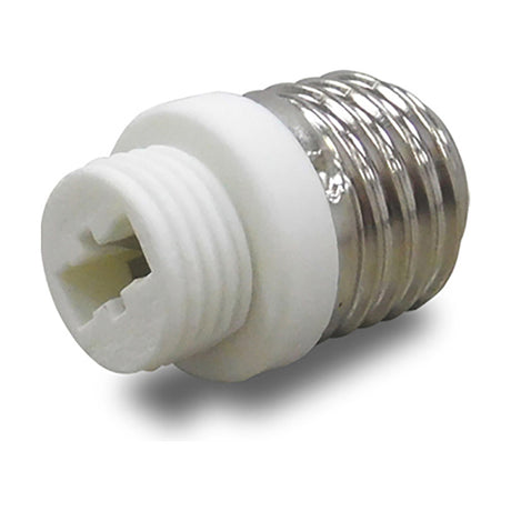 Elements G9 plug adaptor in white, showing a chrome E27 screw thread joined to a white ceramic G9 socket end, 27mm size, on a plain white background.