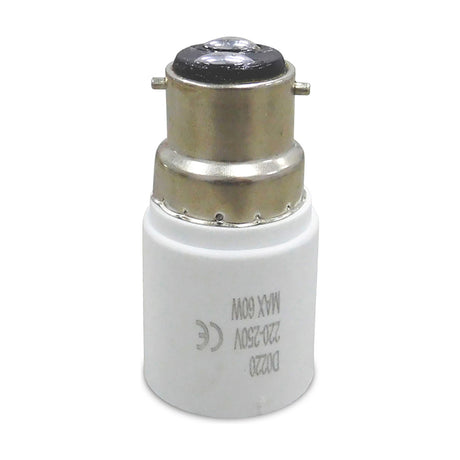 White B22 to E27 lamp socket converter with metal pin fitting and cylindrical plastic base, shown against a plain white background.