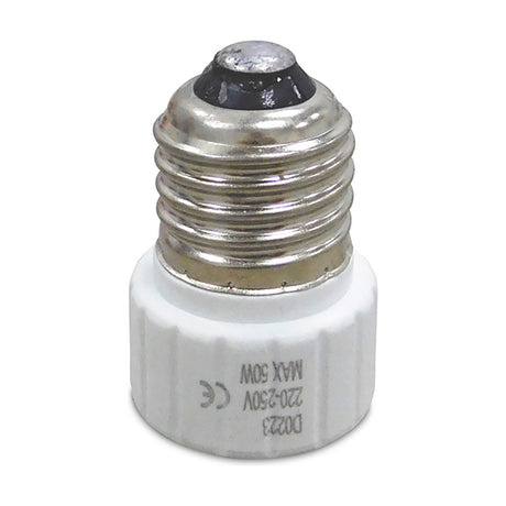 Elements GU10 socket converter with copper-toned E27 screw thread and white cylindrical base, marked 220-250V max 50W, shown on a plain white background.