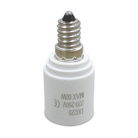 White E14 to E27 lampholder converter with silver screw base, rated 220-250V max 60W, shown on a plain white background.