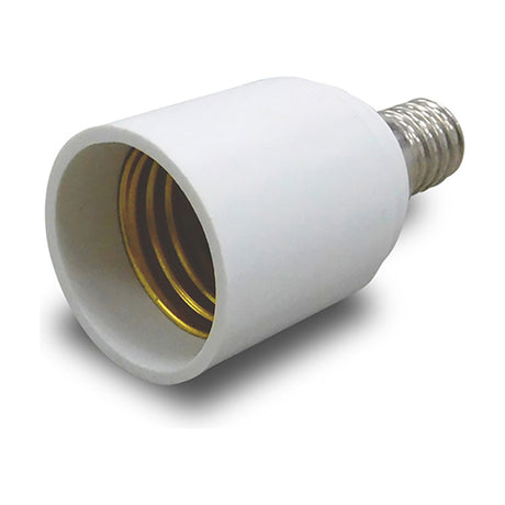 White E14 to E27 lamp socket converter with copper threaded interior, 33mm diameter, 68mm high, shown on a plain white background.