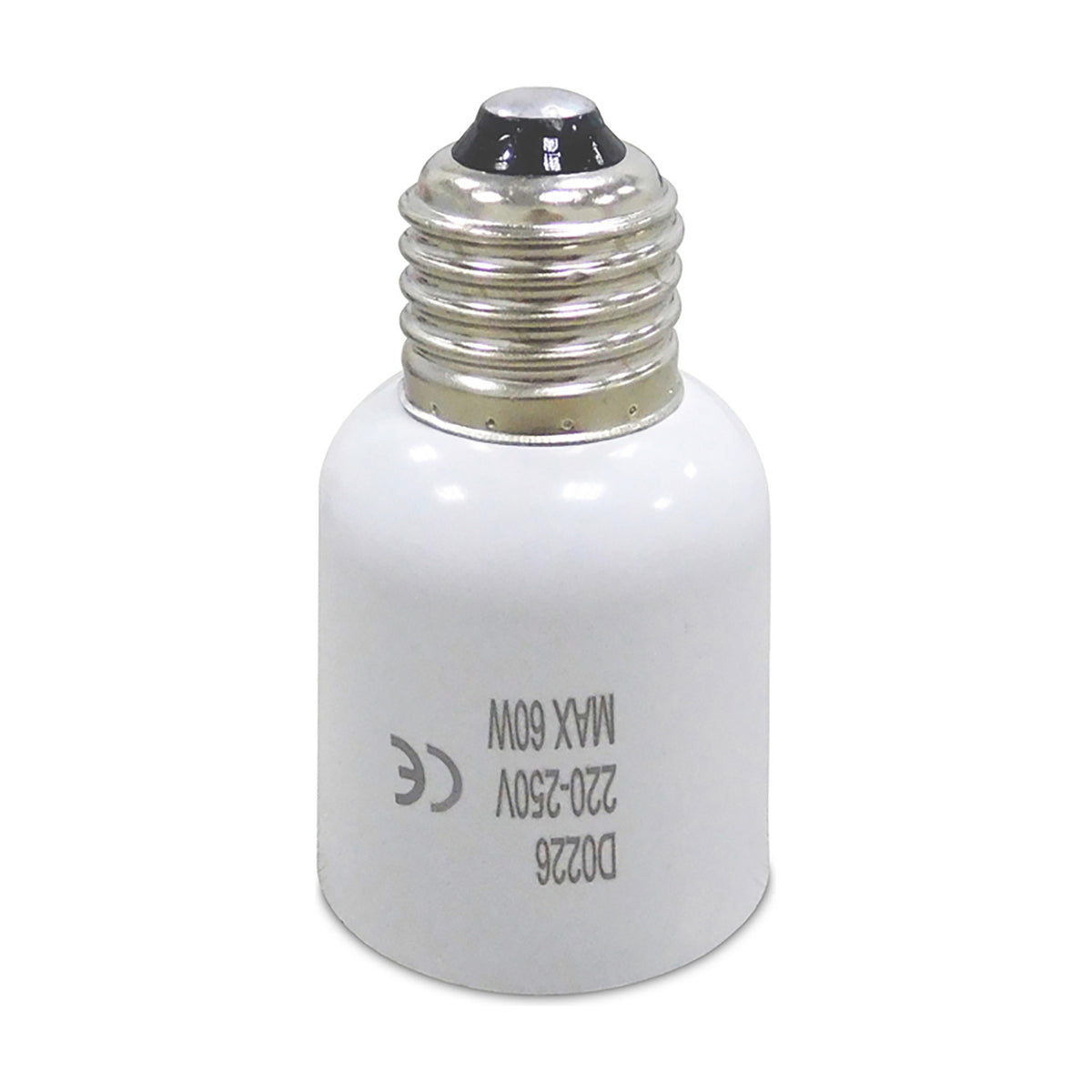 Elements E40 to E27 plug adaptor in white, a small cylindrical lampholder converter with metal screw thread, shown on a plain white background.