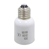 Elements E40 to E27 plug adaptor in white, a small cylindrical lampholder converter with metal screw thread, shown on a plain white background.