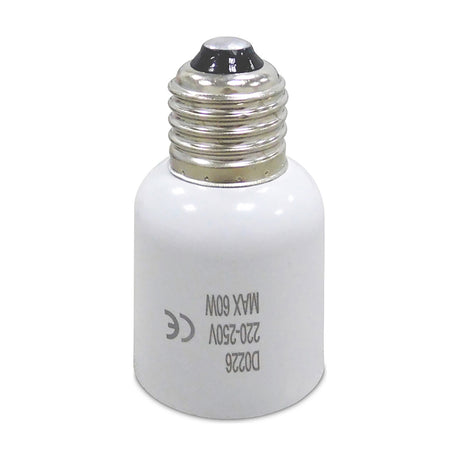 Elements E40 to E27 plug adaptor in white, a small cylindrical lampholder converter with metal screw thread, shown on a plain white background.