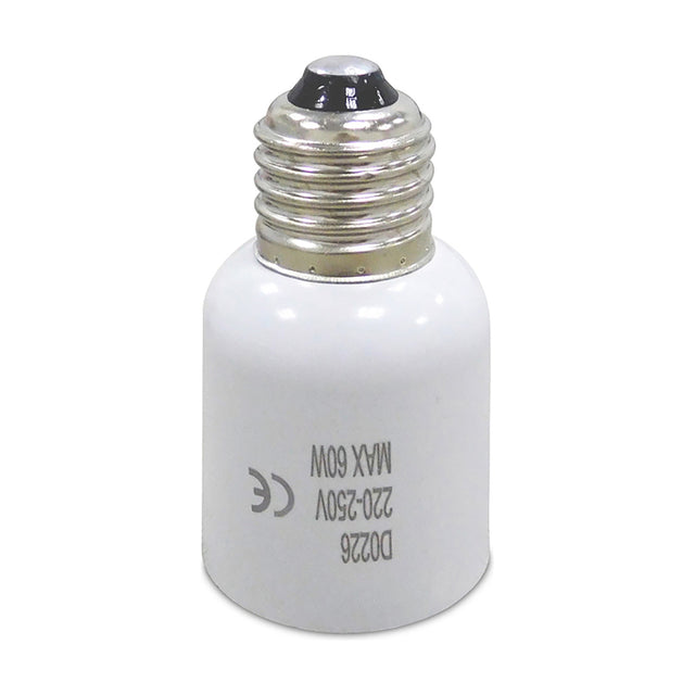 Elements E40 to E27 plug adaptor in white, a small cylindrical lampholder converter with metal screw thread, shown on a plain white background.