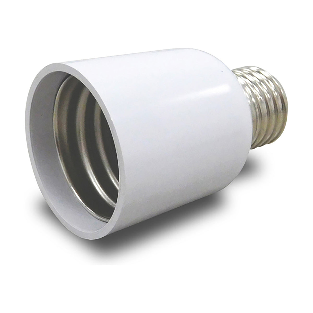 Elements E40 Plug Adaptor 47mm in white, a cylindrical lampholder converter with E27 screw thread on one end and E40 goliath thread on the other, shown on a plain background.