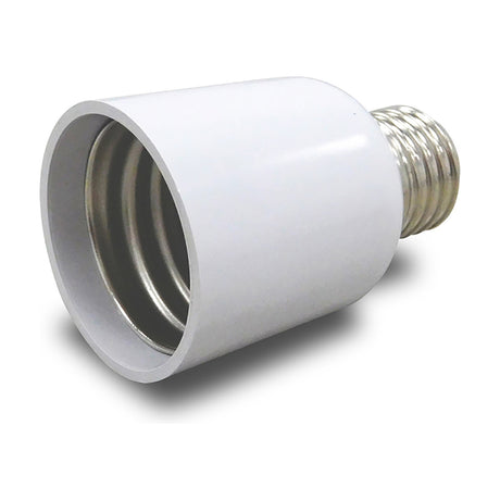 Elements E40 Plug Adaptor 47mm in white, a cylindrical lampholder converter with E27 screw thread on one end and E40 goliath thread on the other, shown on a plain background.