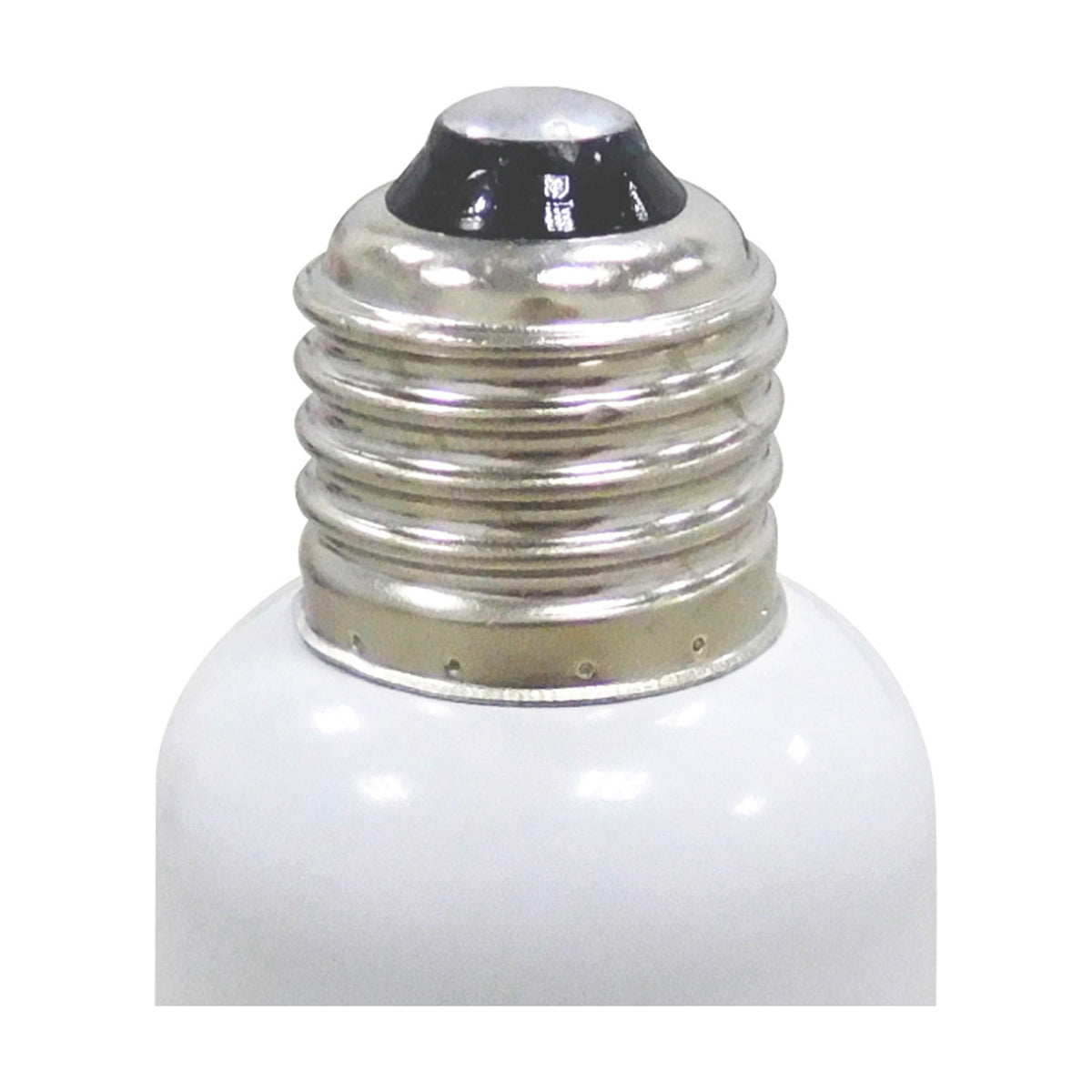 Close-up of the Elements E40 to E27 plug adaptor showing the metallic threaded screw fitting and black top cap on a white lamp base, plain white background.