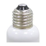 Close-up of the Elements E40 to E27 plug adaptor showing the metallic threaded screw fitting and black top cap on a white lamp base, plain white background.
