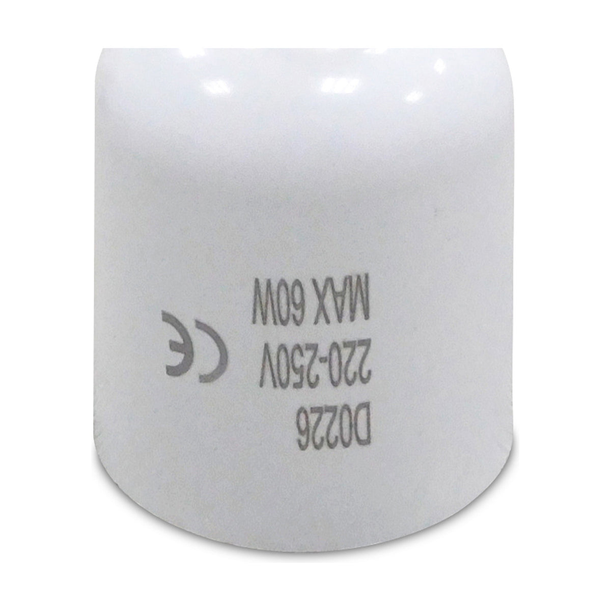 Elements E40 plug adaptor in white, a small cylindrical lampholder converter with printed 220-250V max 60W rating, shown on a plain background.