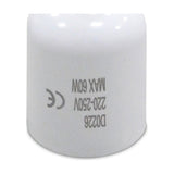 Elements E40 plug adaptor in white, a small cylindrical lampholder converter with printed 220-250V max 60W rating, shown on a plain background.