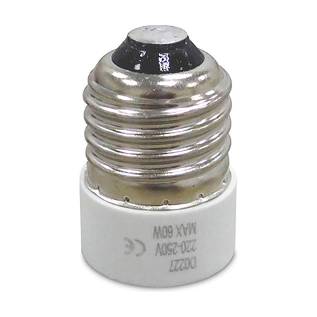 Elements E14 Plug Adaptor in white, showing the chrome E27 screw thread and white base with printed specifications, set against a plain background.