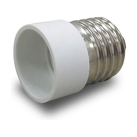 Elements E14 to E27 plug adaptor, 29mm, with white plastic body and chrome threaded fitting, shown on a plain white background.