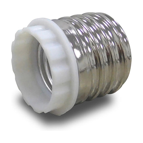 E27 plug adaptor with white plastic E27 socket and metallic threaded E40 body, shown on a plain white background.