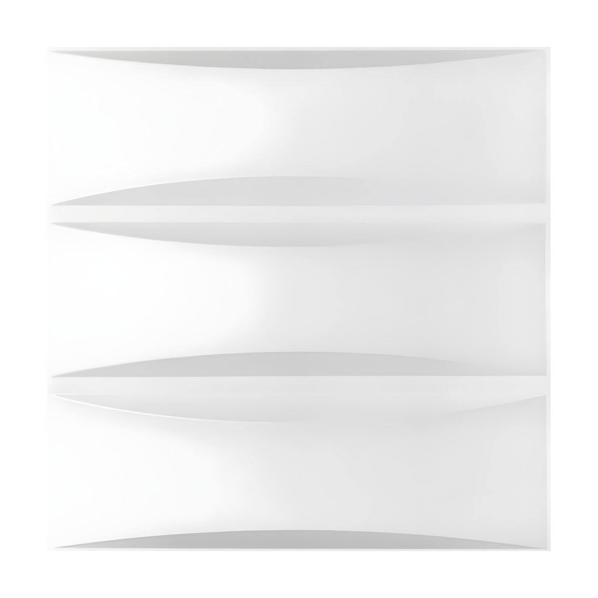 White 3D PVC wall panel, 50 x 50cm, with three horizontal bands divided by narrow strips that curve into lens-shaped crescents, shown on a plain white background.