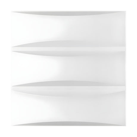 White 3D PVC wall panel, 50 x 50cm, with three horizontal bands divided by narrow strips that curve into lens-shaped crescents, shown on a plain white background.