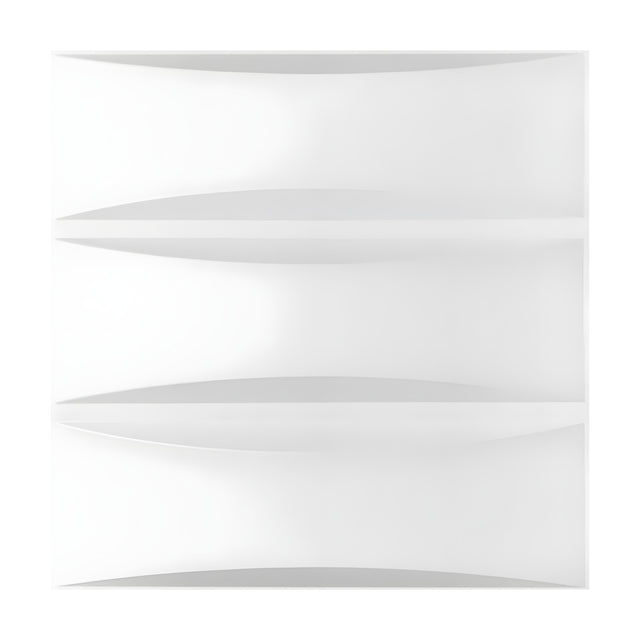 White 3D PVC wall panel, 50 x 50cm, with three horizontal bands divided by narrow strips that curve into lens-shaped crescents, shown on a plain white background.